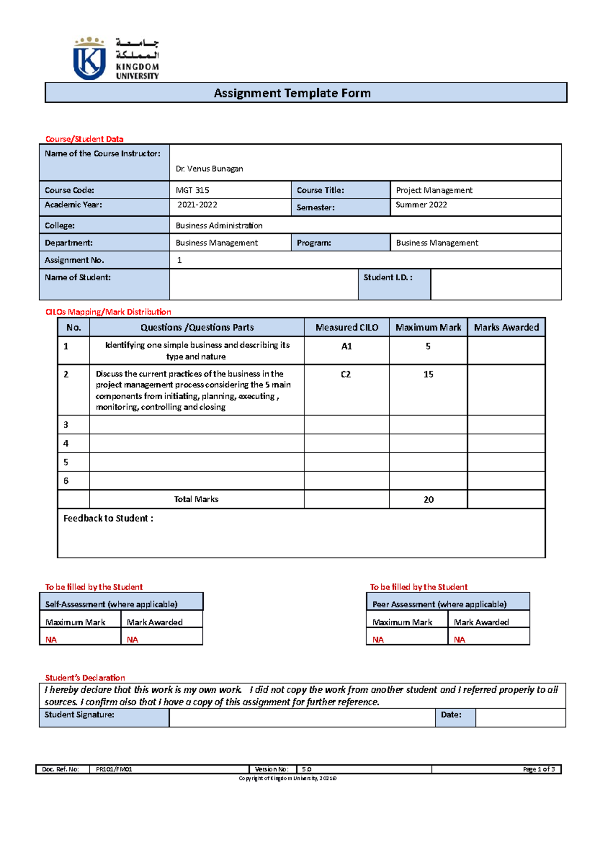 MGT 315 Assignment summer 2022 - Assignment Template Form Course ...