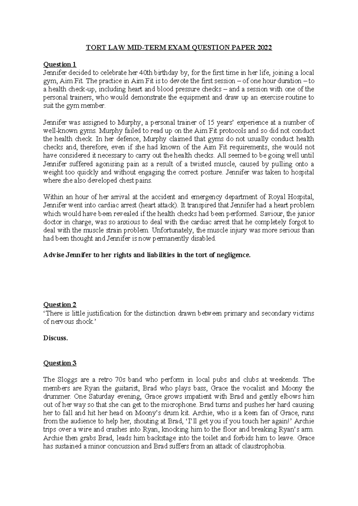 Tort Exam important question - TORT LAW MID-TERM EXAM QUESTION PAPER ...