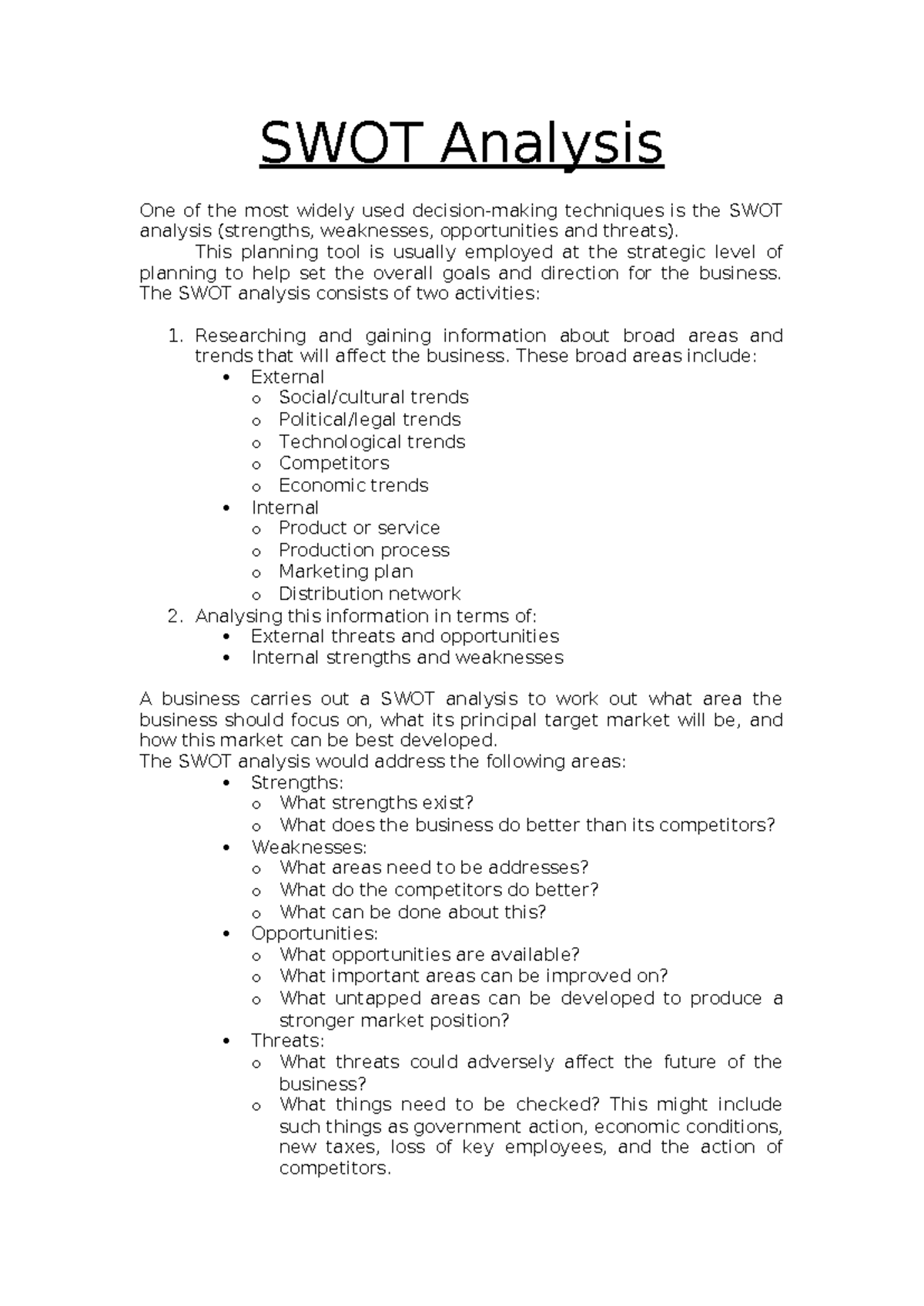 Courses arts business 1148813735 2006 Business Studies Notes - SWOT ...