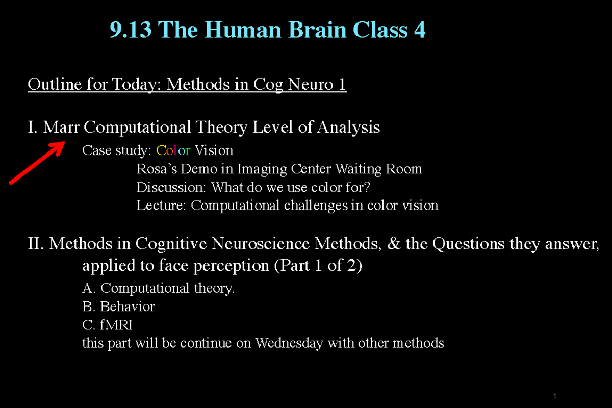 Methods in Cog Neuro 1 - Marr Computational Theory Level of Analysis ...