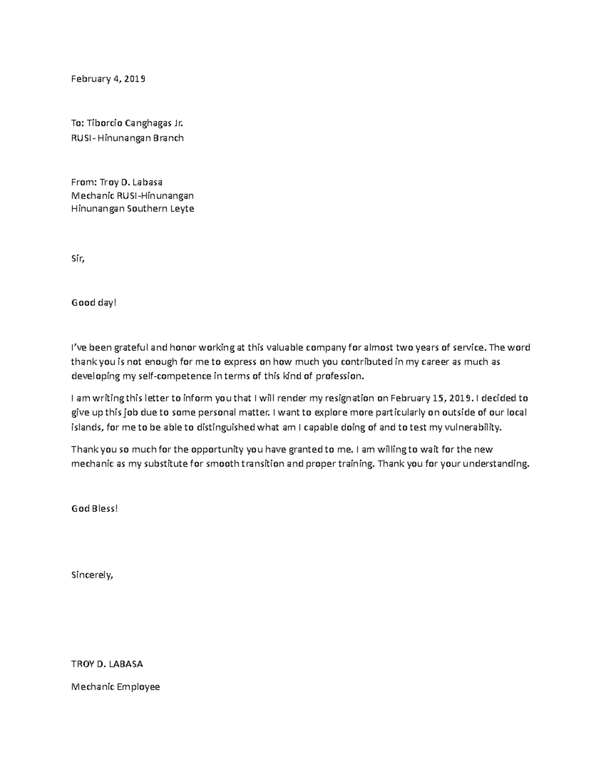 Resignation Letter - February 4, 2019 To: Tiborcio Canghagas Jr. RUSI ...