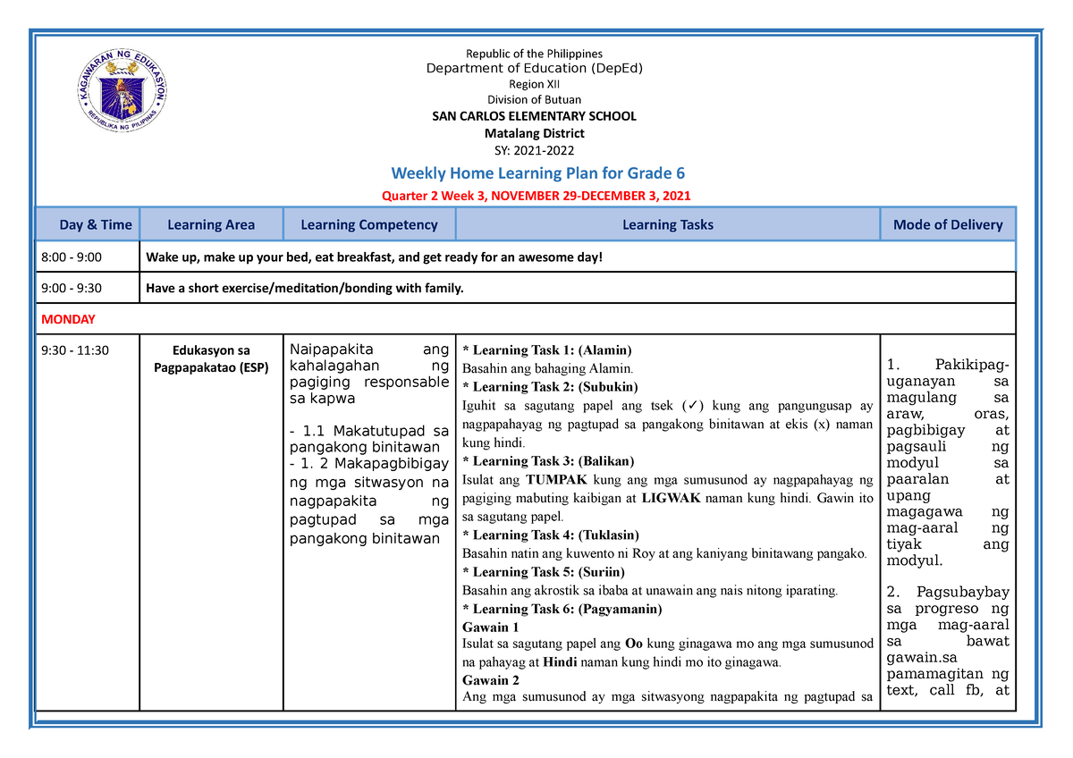 WHLP Grade 6 Q2 W3 ALL Subjects - Weekly Home Learning Plan For Grade 6 ...