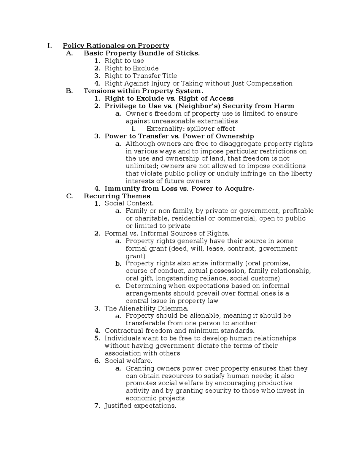 Property Law Outline - 2 - I. Policy Rationales on Property A. Basic ...