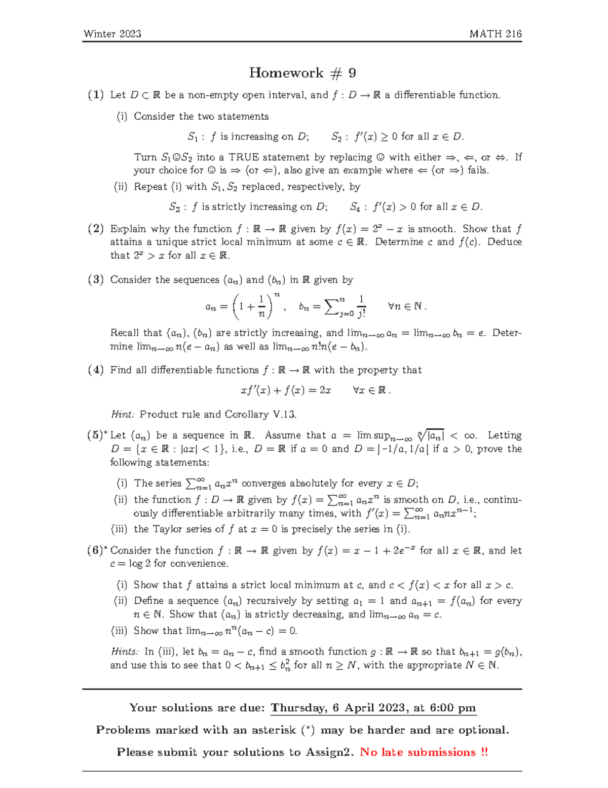 Math216 hw9 - hw9 - Winter 2023 MATH 216 Homework # 9 (1) Let D ⊂ R be ...