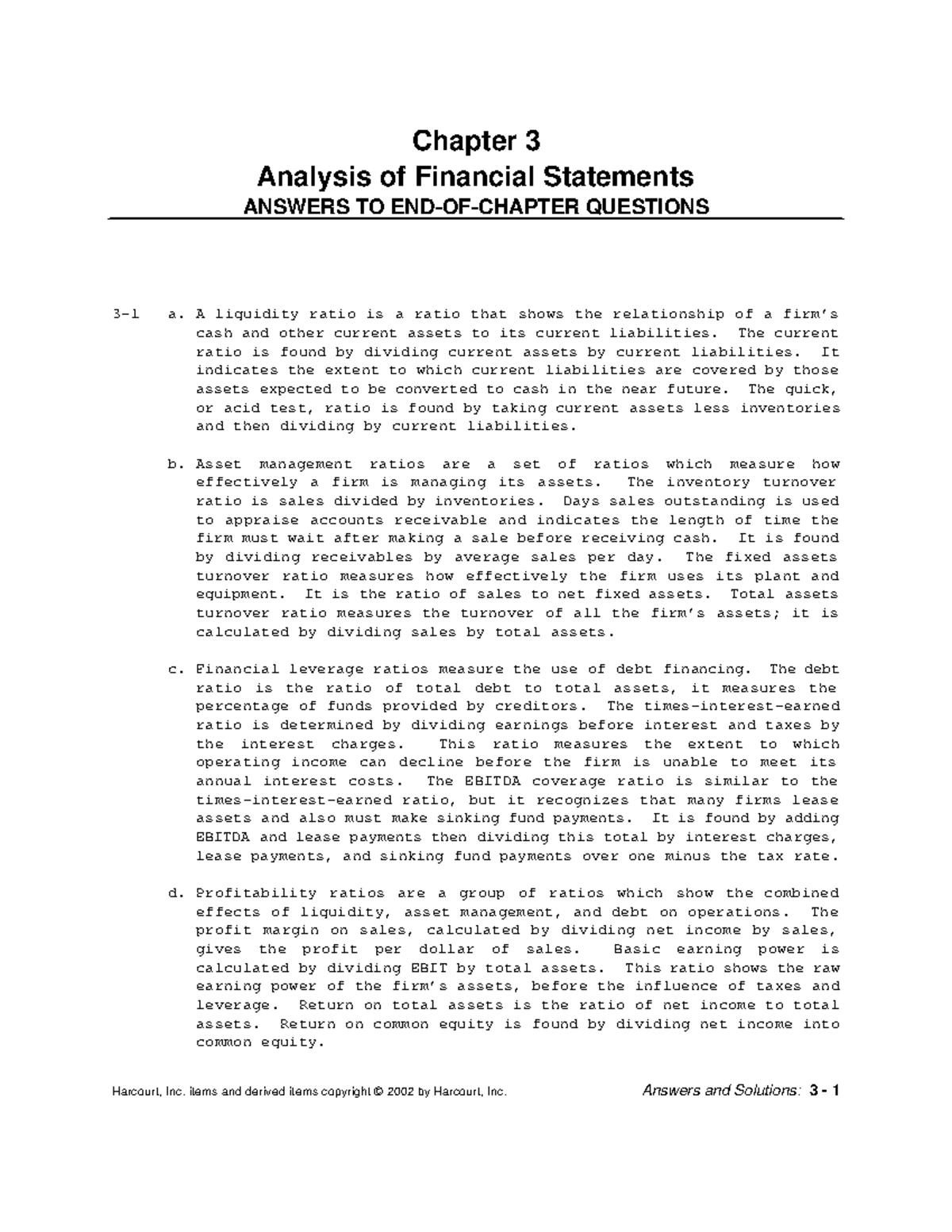 Chap 3 Solution - Chapter 3 Analysis of Financial Statements ANSWERS TO ...