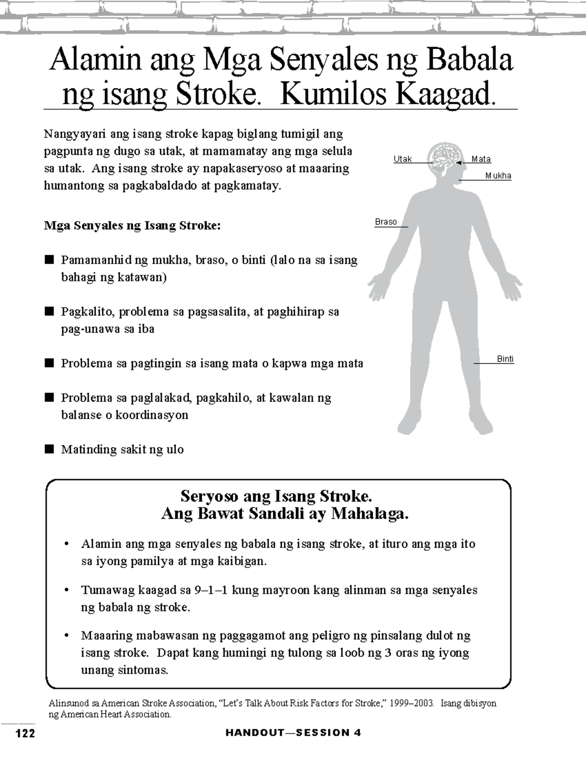 Know Tagalog - 122 HANDOuT—SESSION 4 Nangyayari ang isang stroke kapag ...