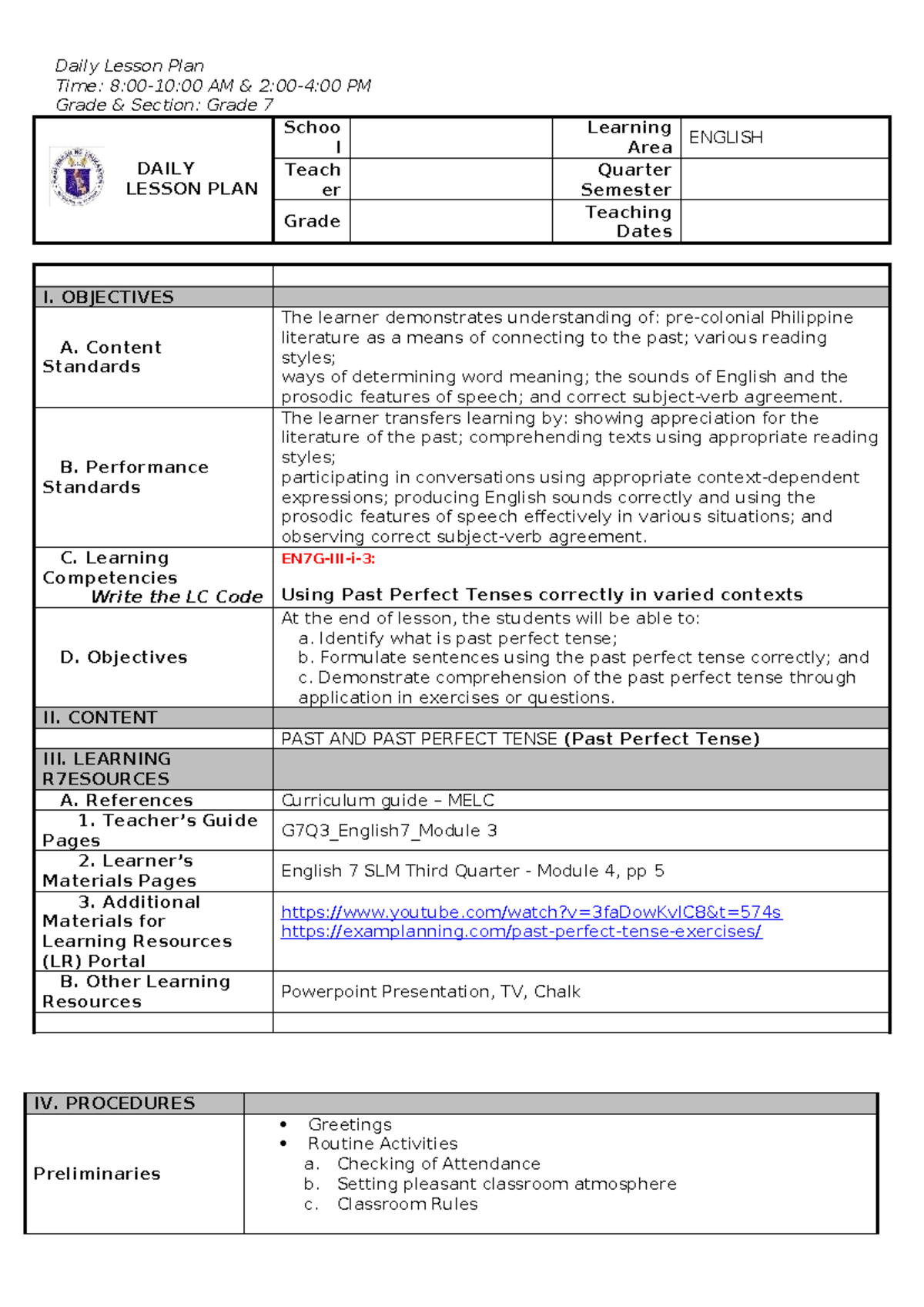 SDLP G7Q3M4 - Past Pefect tense - Daily Lesson Plan Time: 8:00-10:00 AM ...