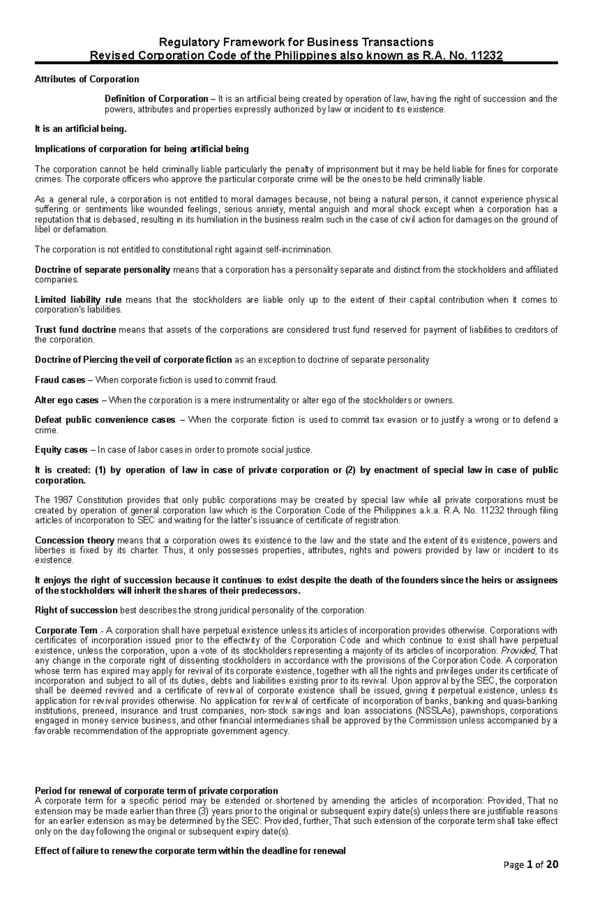 CORPORATION CODE - Regulatory Framework for Business Transactions ...