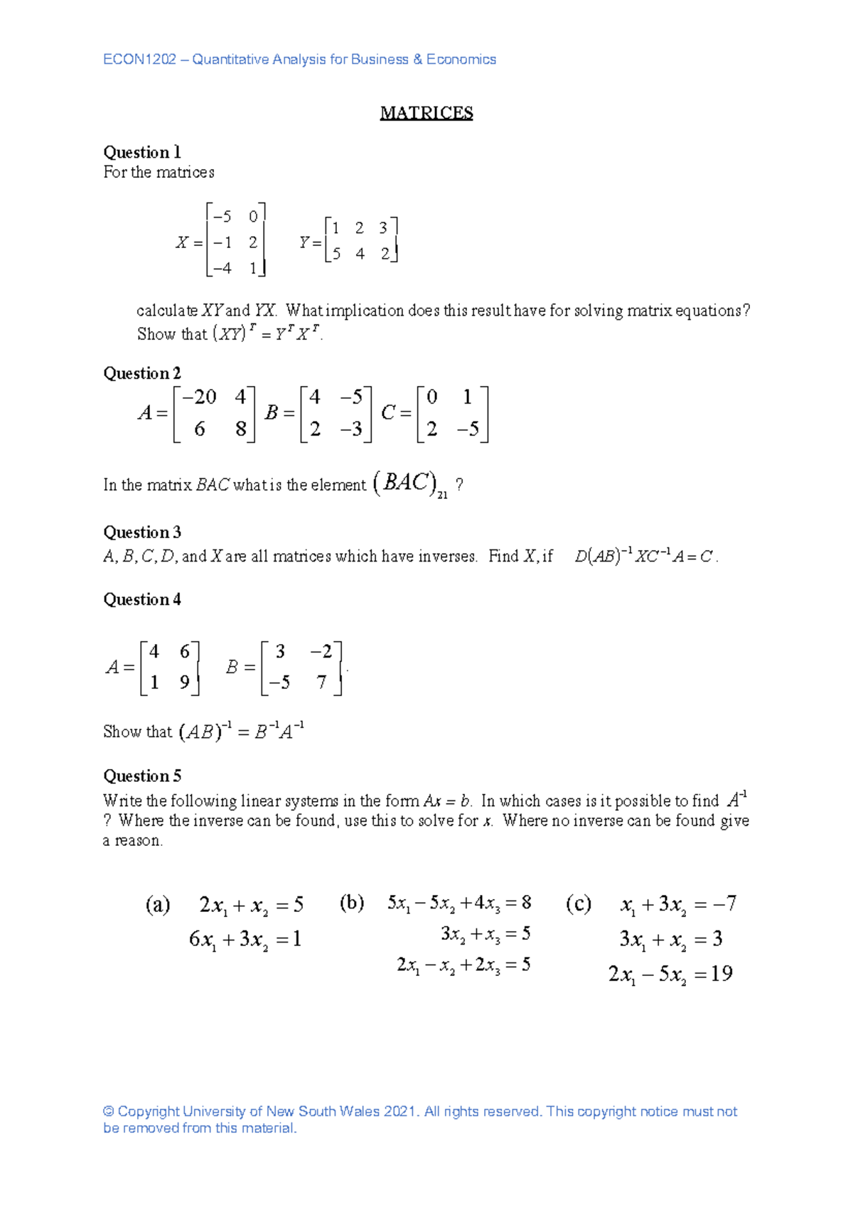 ECON1202 Matrices Practice Questions ECON1202 Quantitative Analysis