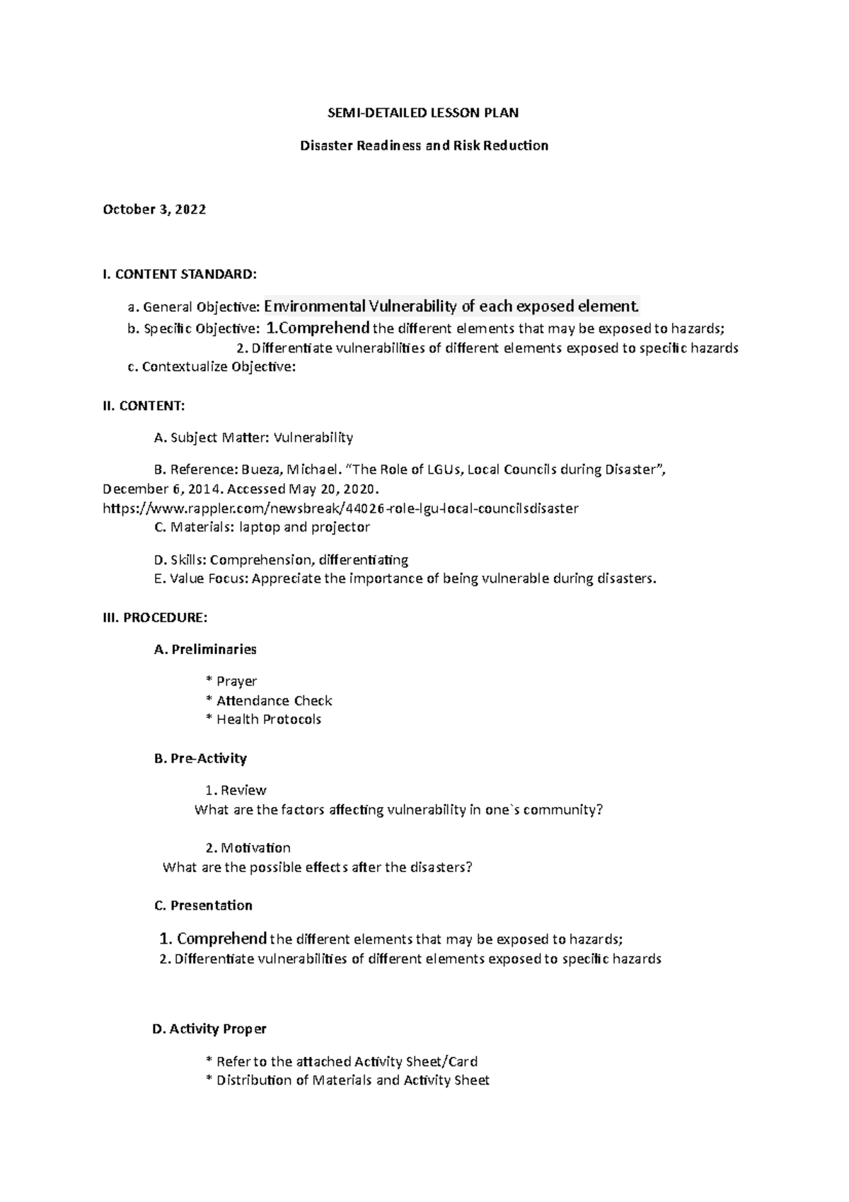 Semi-Detailed-Lesson-Plan DRRR 7 - SEMI-DETAILED LESSON PLAN Disaster ...