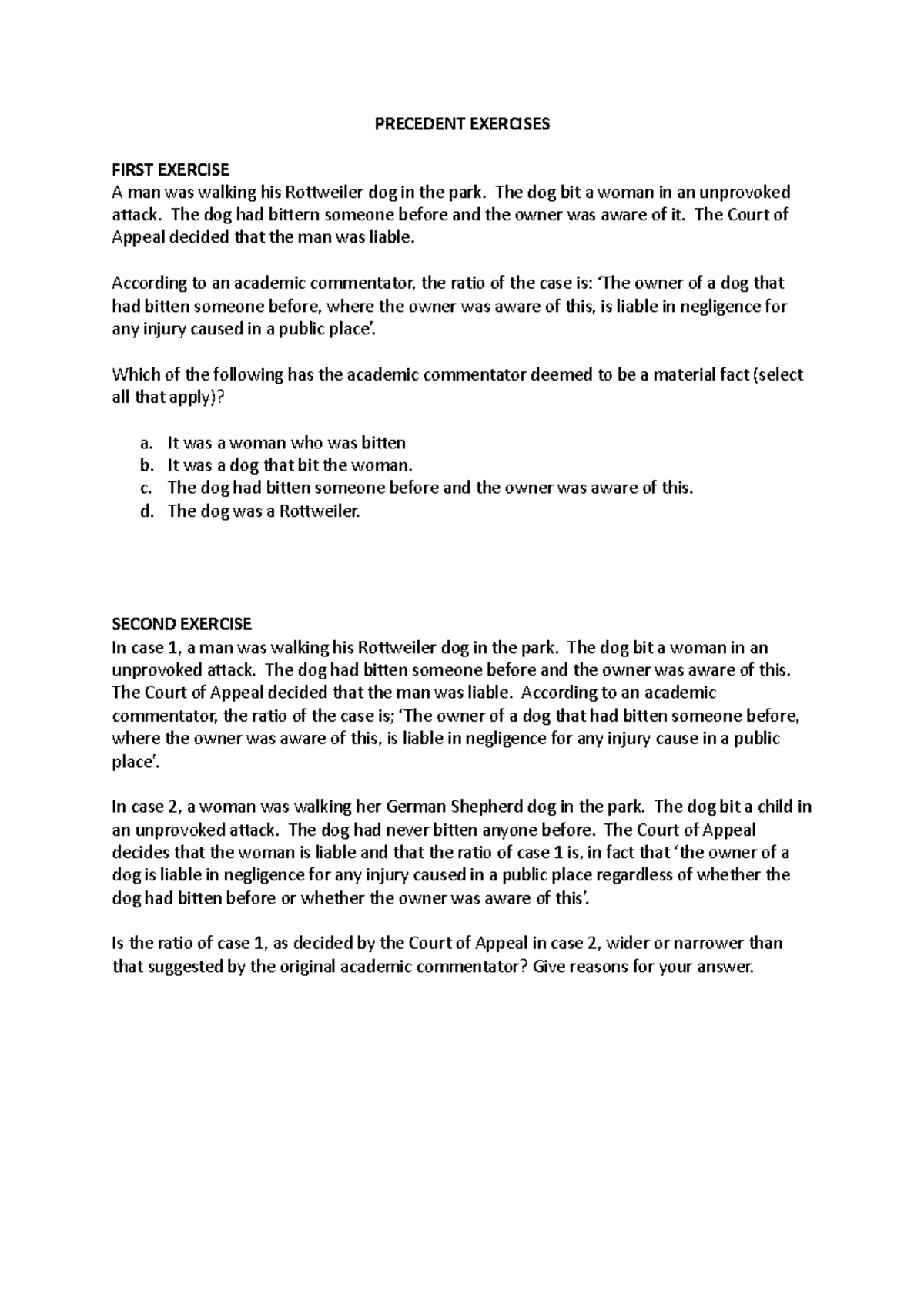Precedent Exercises - Lecturer - Cherry James - PRECEDENT EXERCISES ...
