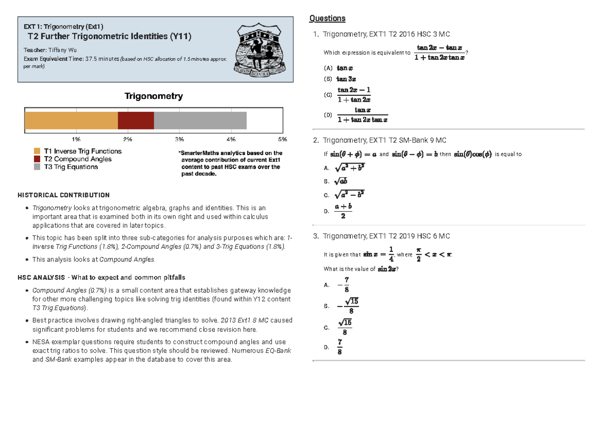 Further Trigonometric Identities Past HSC Questions EXT 1