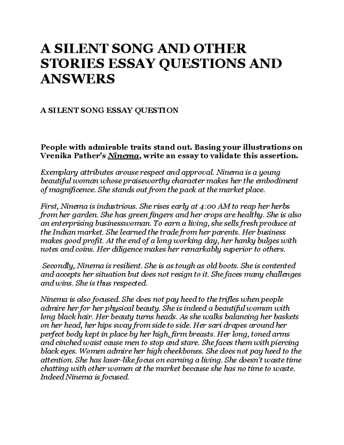 sample essay questions on a silent song and other stories