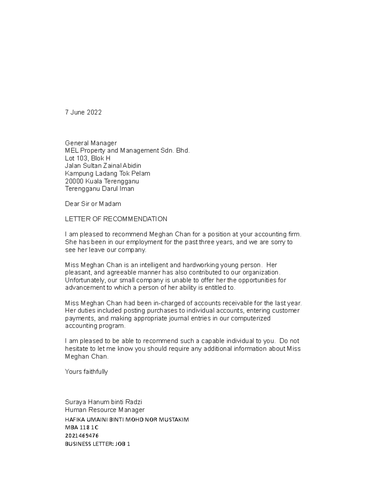 Business Letter Job 1 - 7 June 2022 General Manager Mel Property And 