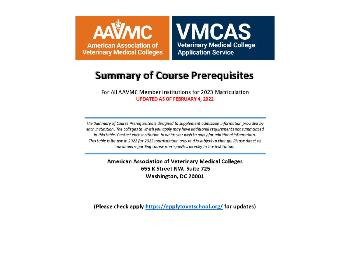 Prereqchart Vmcas 2023 2 For All AAVMC Member institutions for 2023 Matriculation UPDATED AS