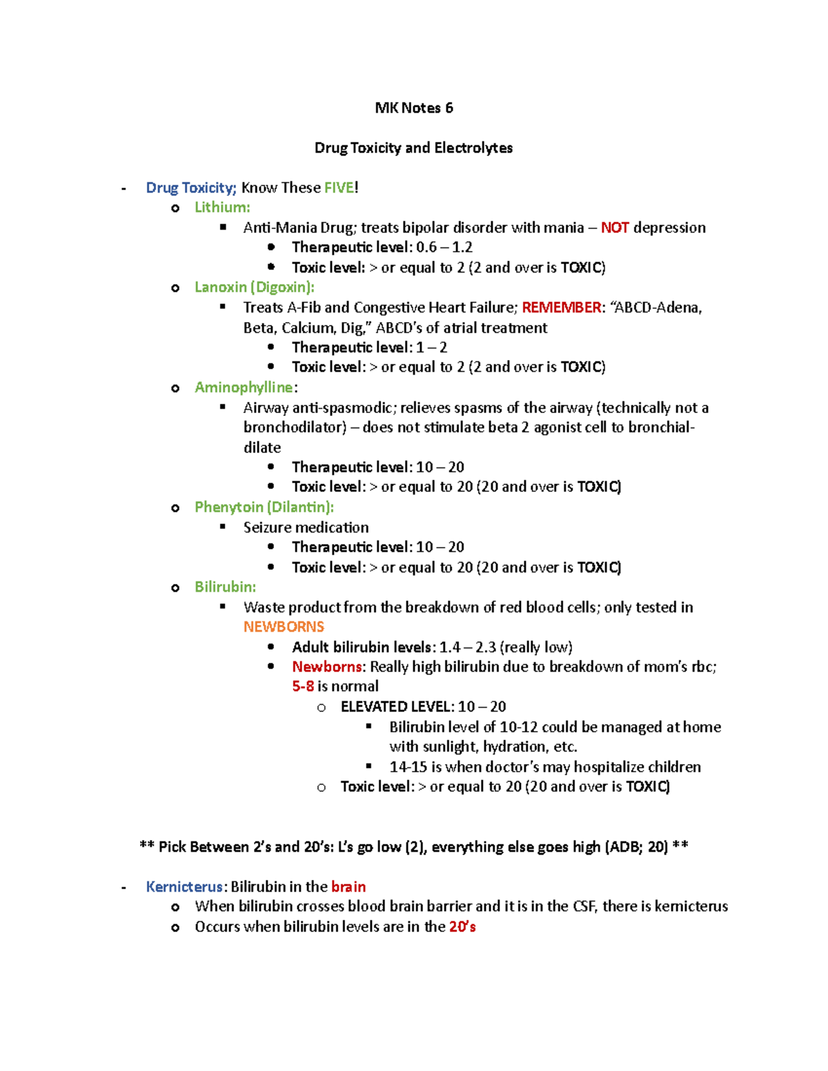 MK Notes 8 - Mark Klimek - MK Notes 6 Drug Toxicity and Electrolytes ...