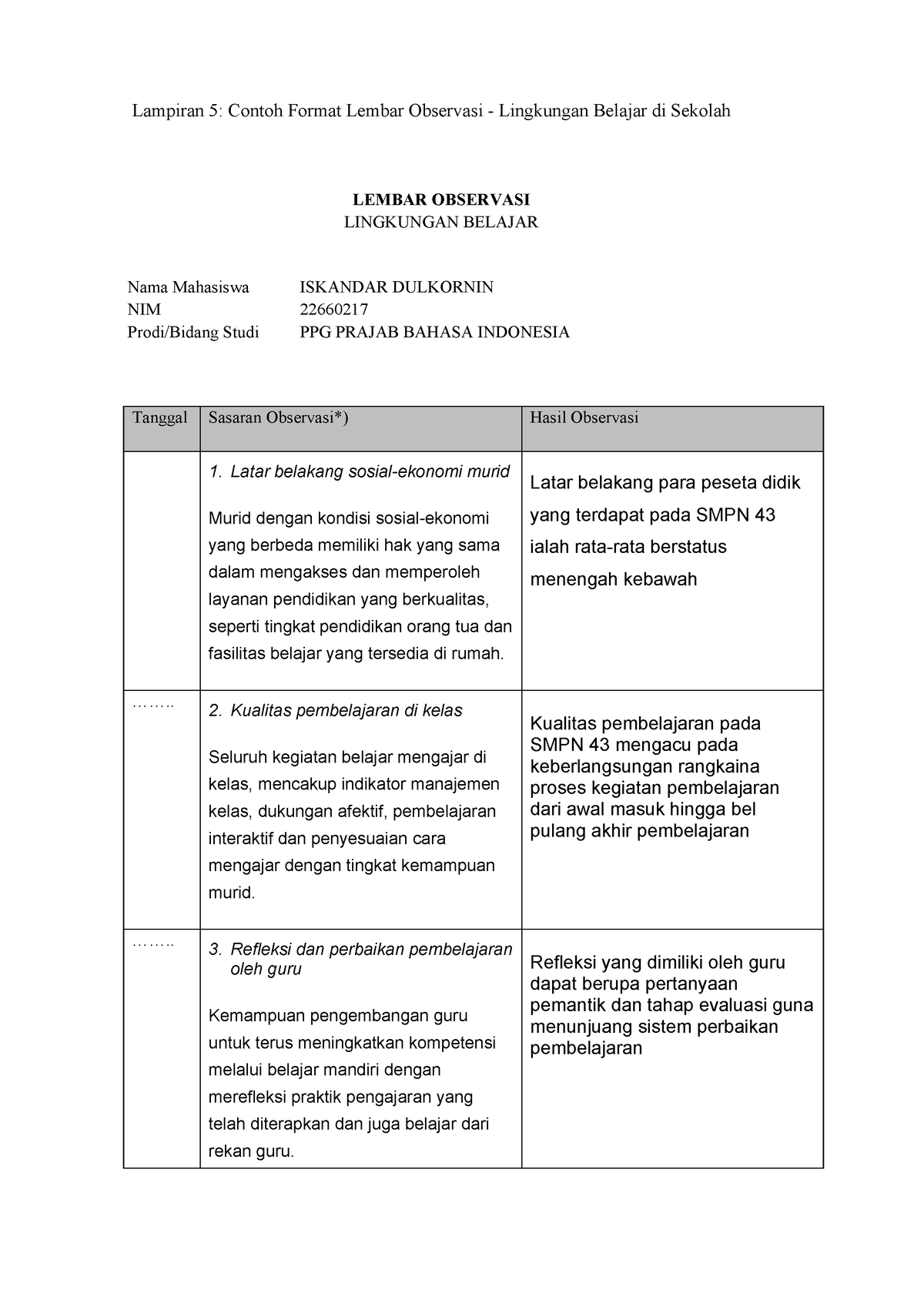 Lampiran 5 - Contoh Format Lembar Observasi Lingkungan Belajar Di ...