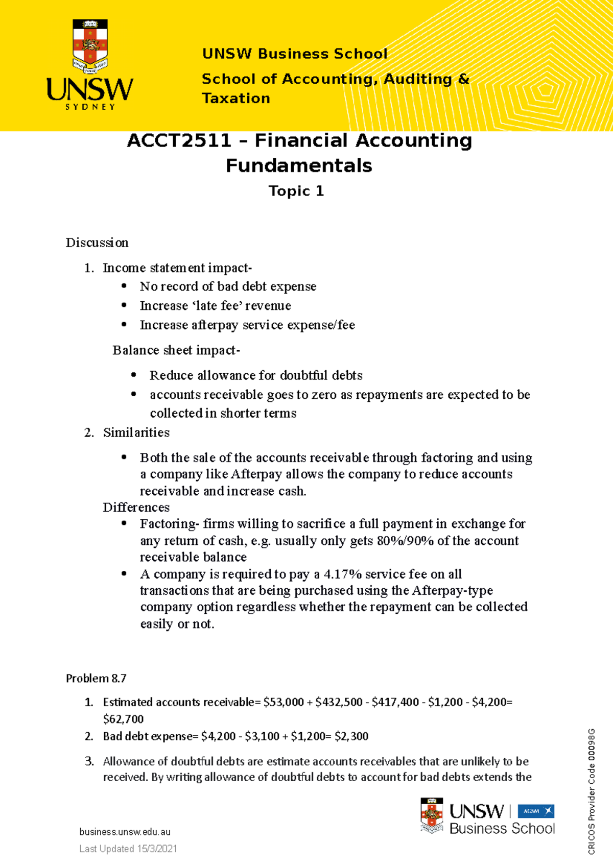 Topic 1 Tut Answer - ACCT2511 – Financial Accounting Fundamentals Topic ...