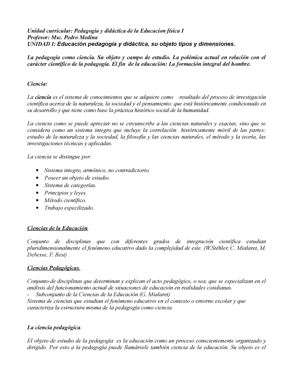 La Pedagogia Como Ciencia Unidad Curricular Pedagogia Y Did Ctica De La Educacion F Sica