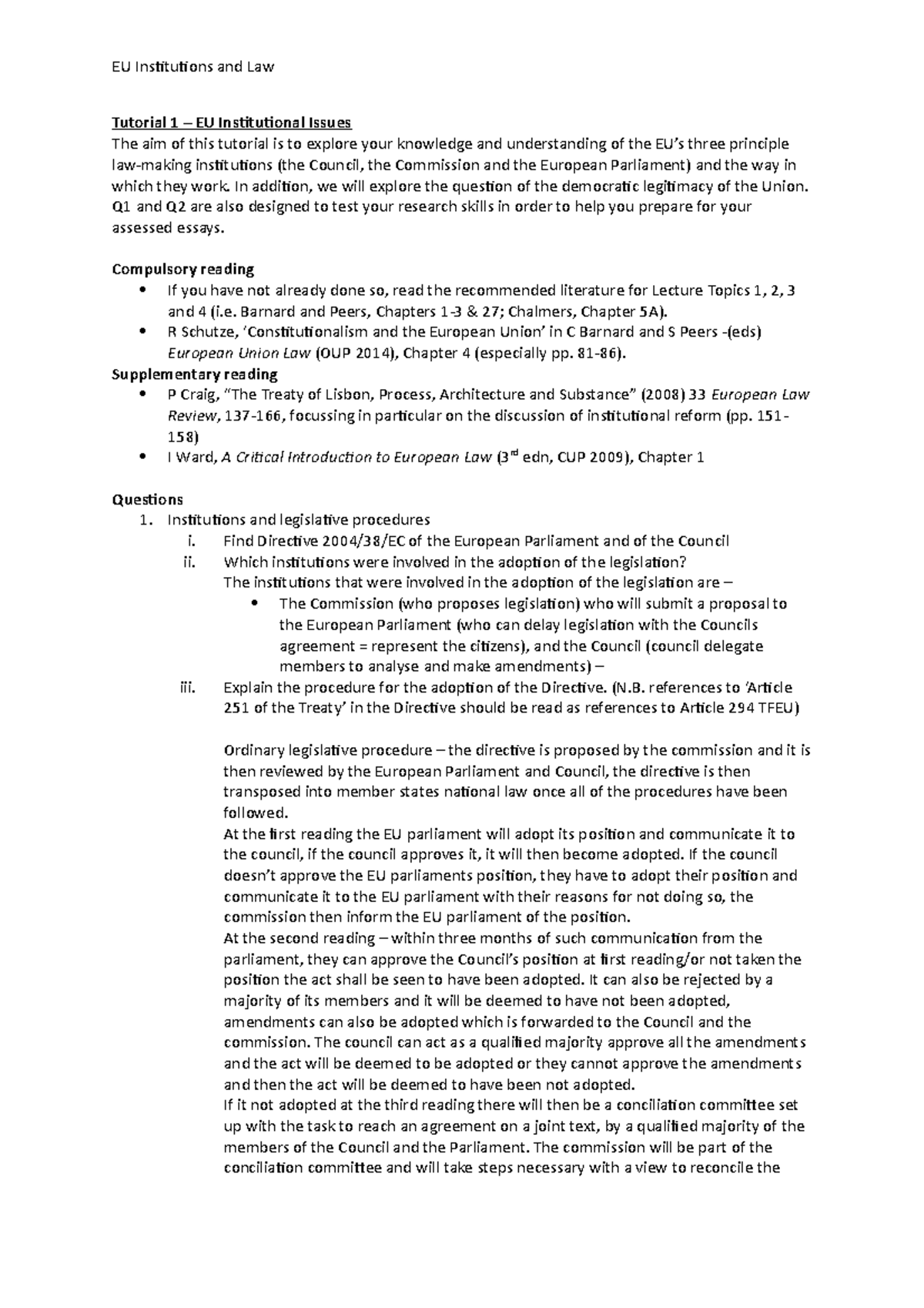 Tutorial 1 - Tutorial 1 – EU Institutional Issues The aim of this ...