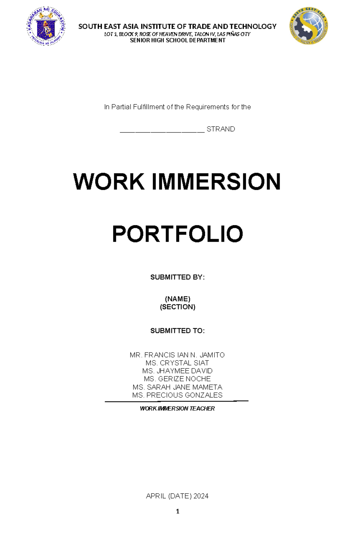 WORK IMMERSION PORTFOLIO - LOT 1, BLOCK 9, ROSE OF HEAVEN DRIVE, TALON ...