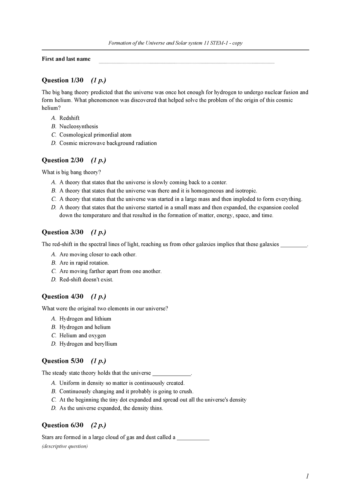 Formation of the Universe and Solar system 11 STEM-1 - copy - questions ...