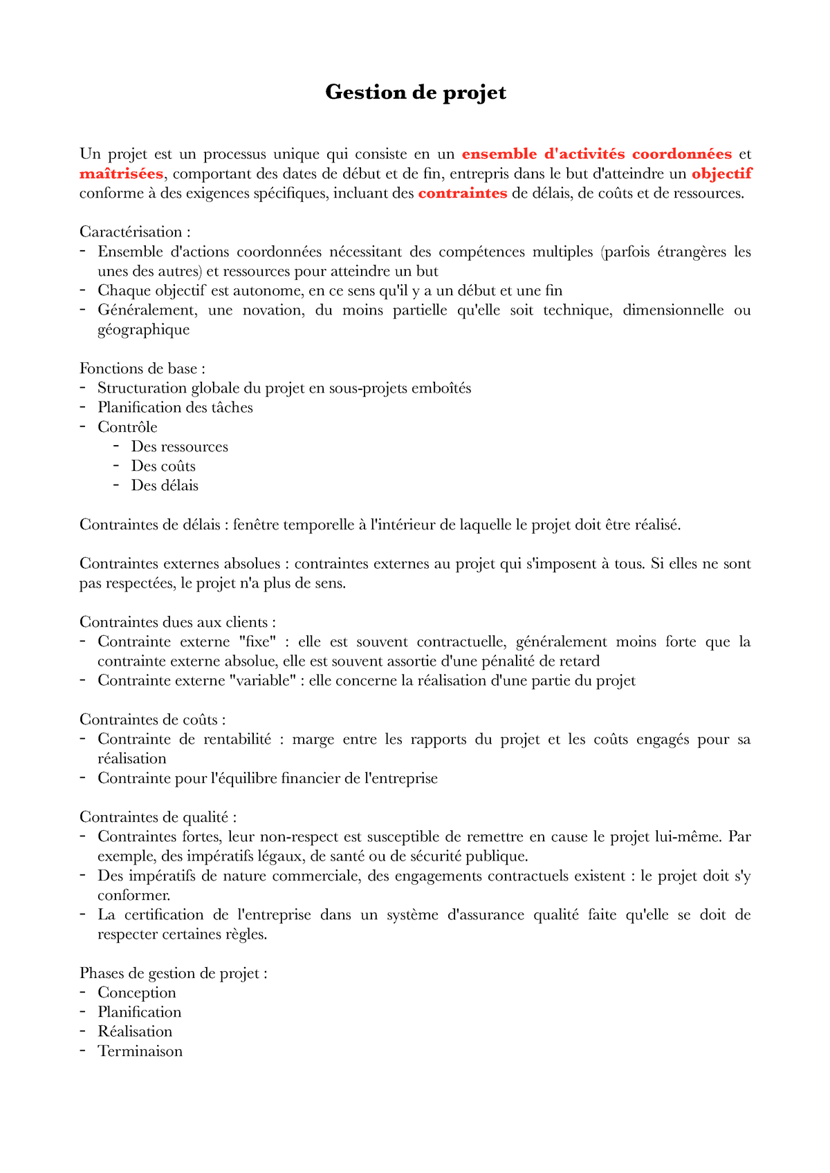 CM Gestion de projet  Notes de cours 1  Gestion de projet Un projet