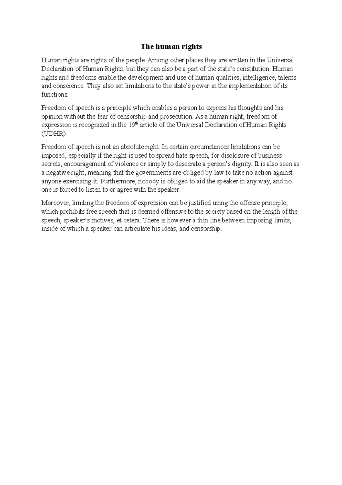 Human rights - A short assignment - The human rights Human rights are ...