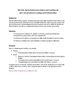 Lab 9 - 100% - EXS-210L: Sports Performance Science and Coaching Lab ...