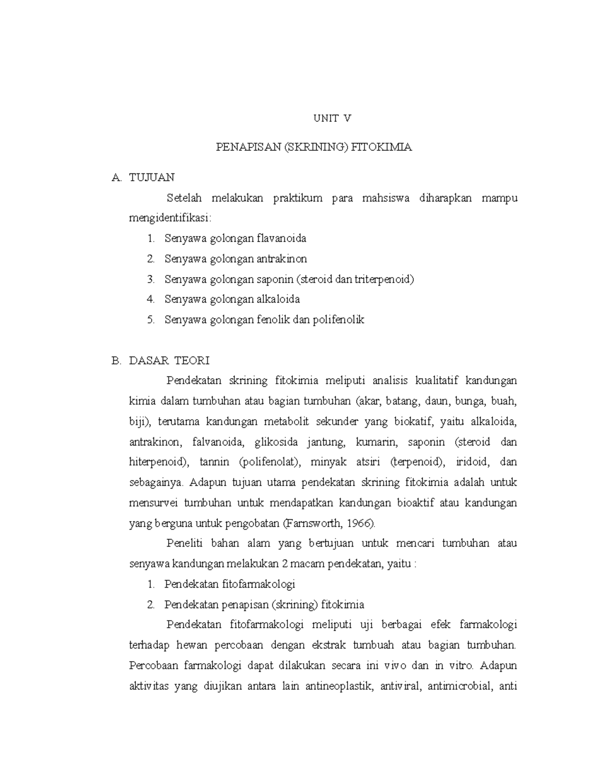 Penapisan Skrining Fitokimia V Unit V Penapisan Skrining