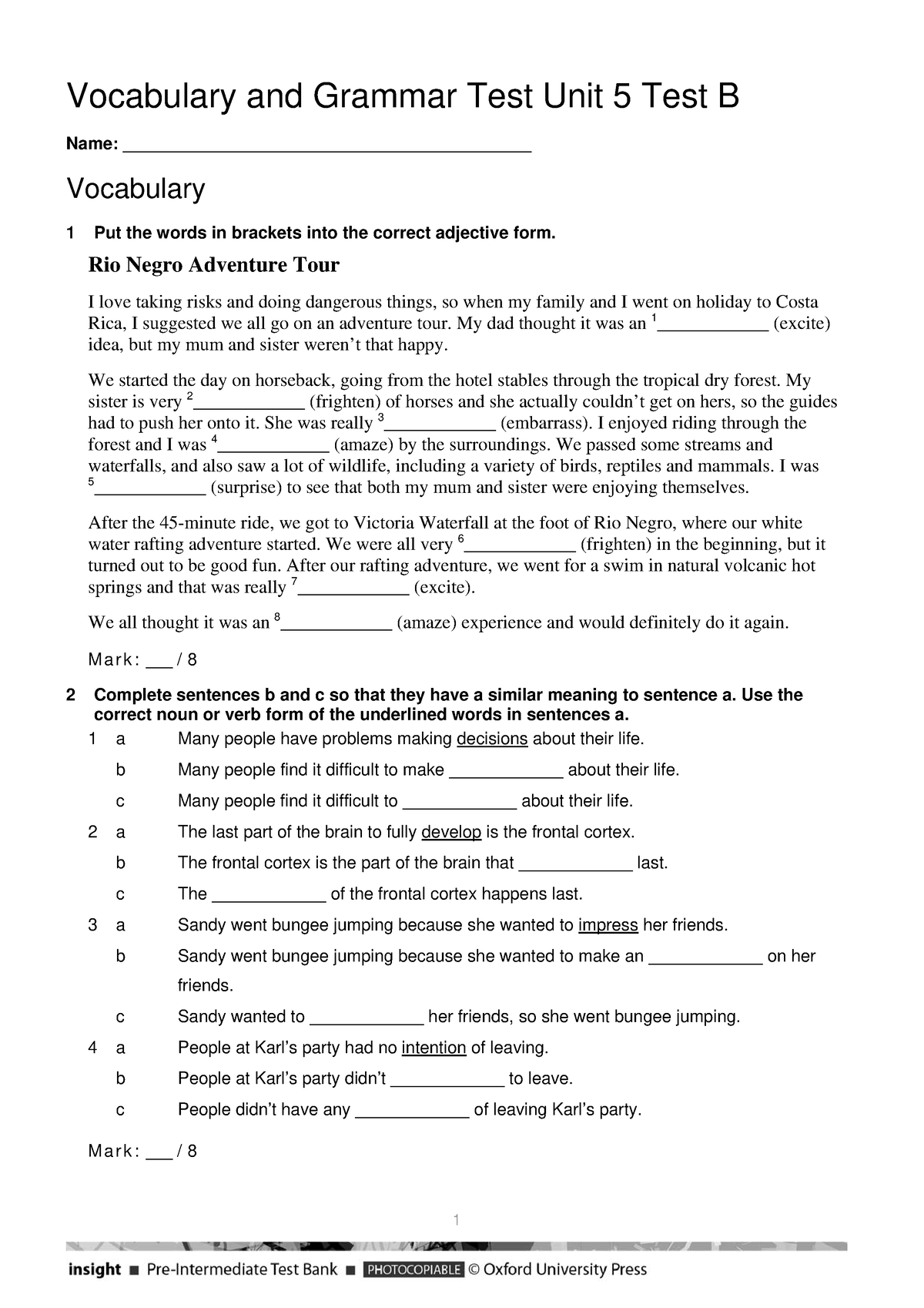 Vocabulary + Grammar Unit 5 Test B - Vocabulary And Grammar Test Unit 5 ...