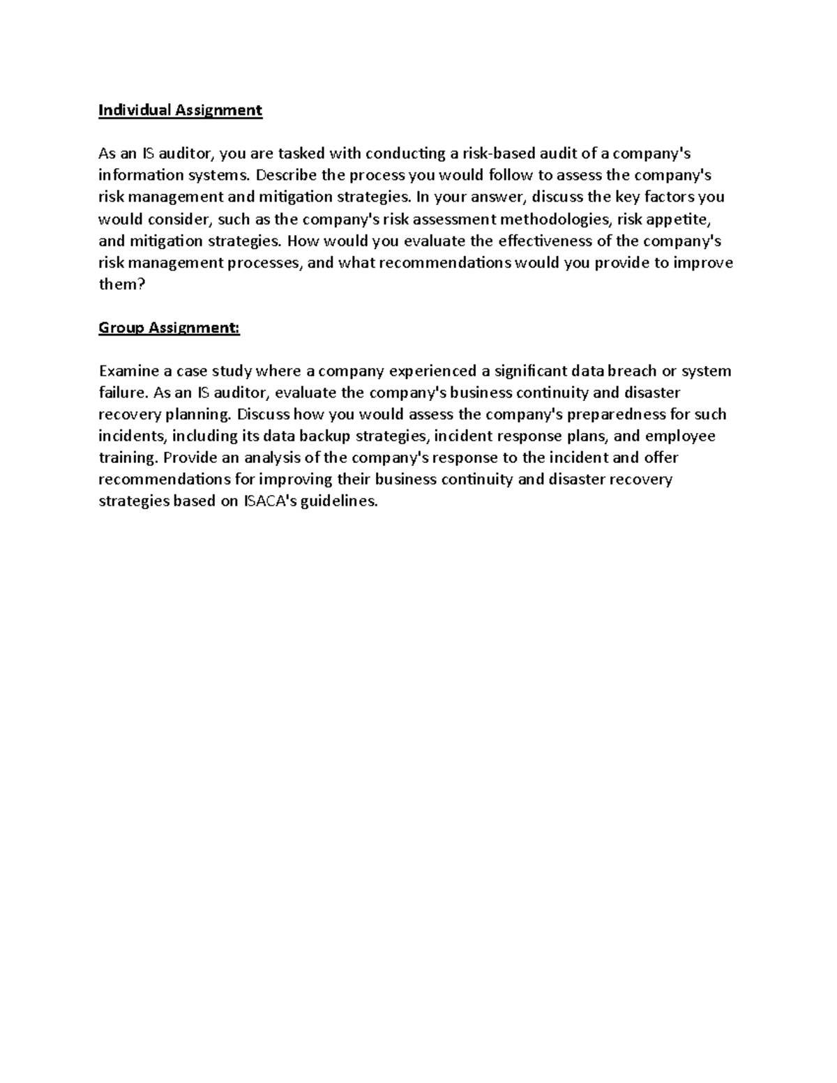 Individual Group Assignment IS Audit - Individual Assignment As an IS ...