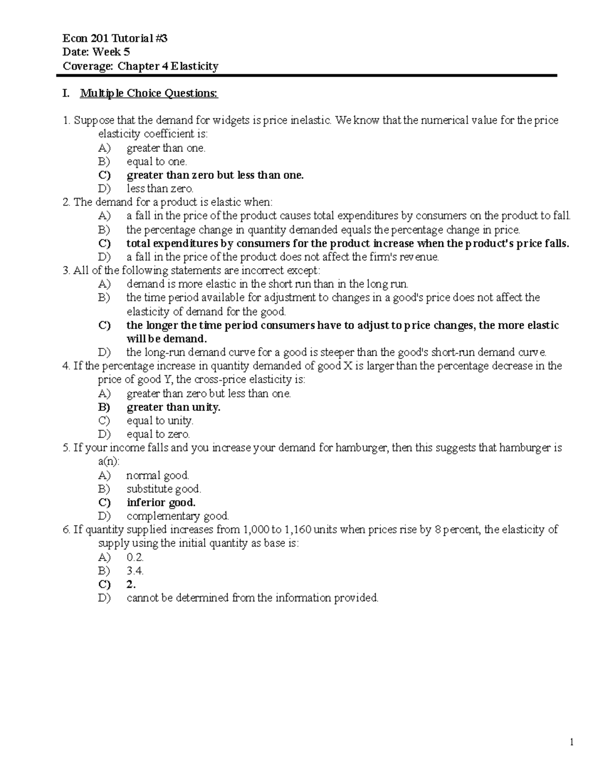 201 Tutorial Answers 3 - Econ 201 Tutorial #3 Date: Week 5 Coverage ...