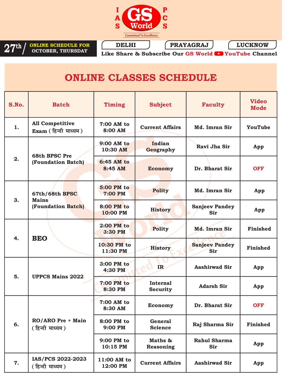 27 Oct 2022 GS World Classes Schedule-1 - DELHI PRAYAGRAJ LUCKNOW Like ...