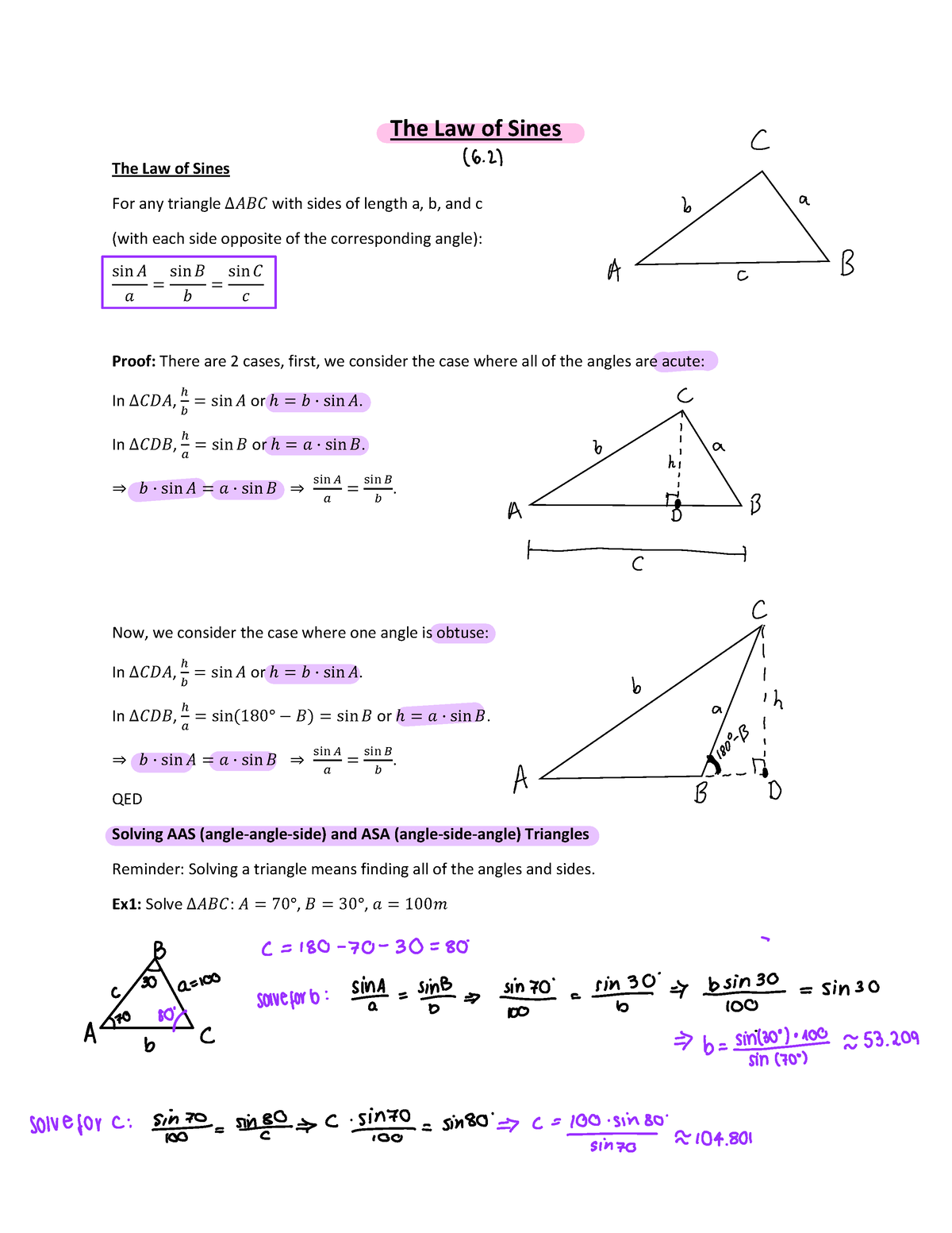 Pre Calc Law Of Sines And Cosines The Law Of Sines The Law Of Sines For Any Triangle ∆𝐴𝐵𝐶 With 0311