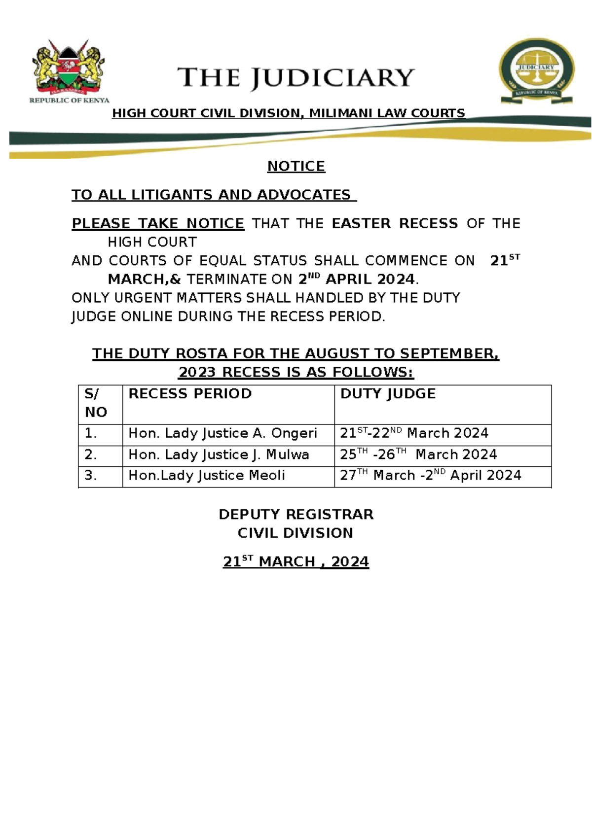 Civil Easter Recess 2024 HIGH COURT CIVIL DIVISION, MILIMANI LAW