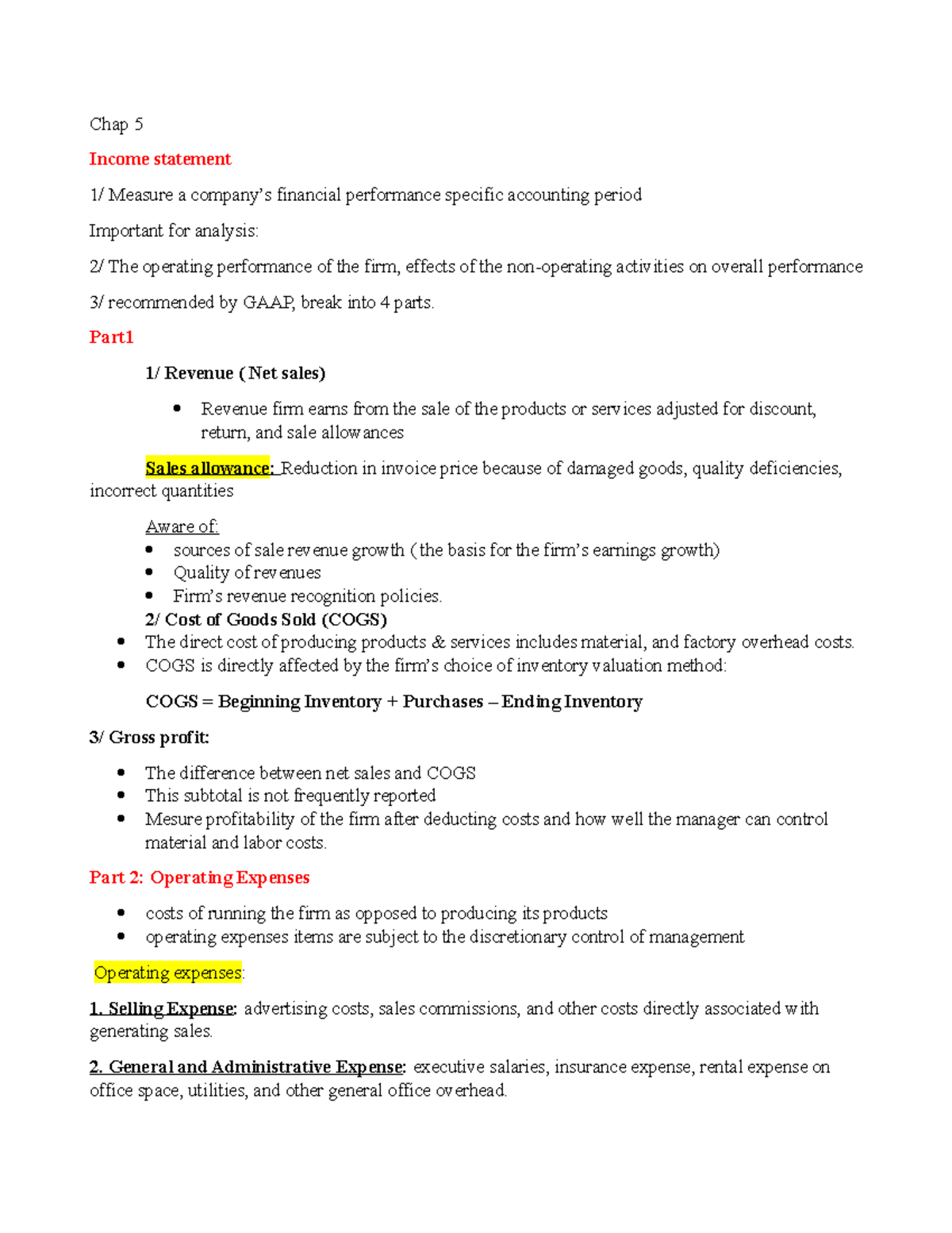 Fin 335 exam study guide - Chap 5 Income statement 1/ Measure a company ...