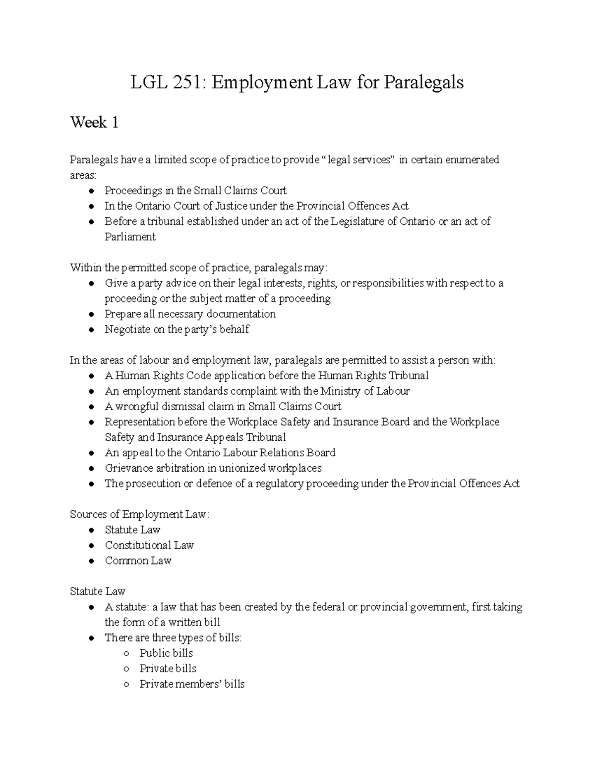 LGL 251 - 3 weeks of lecture notes - LGL 251: Employment Law for ...