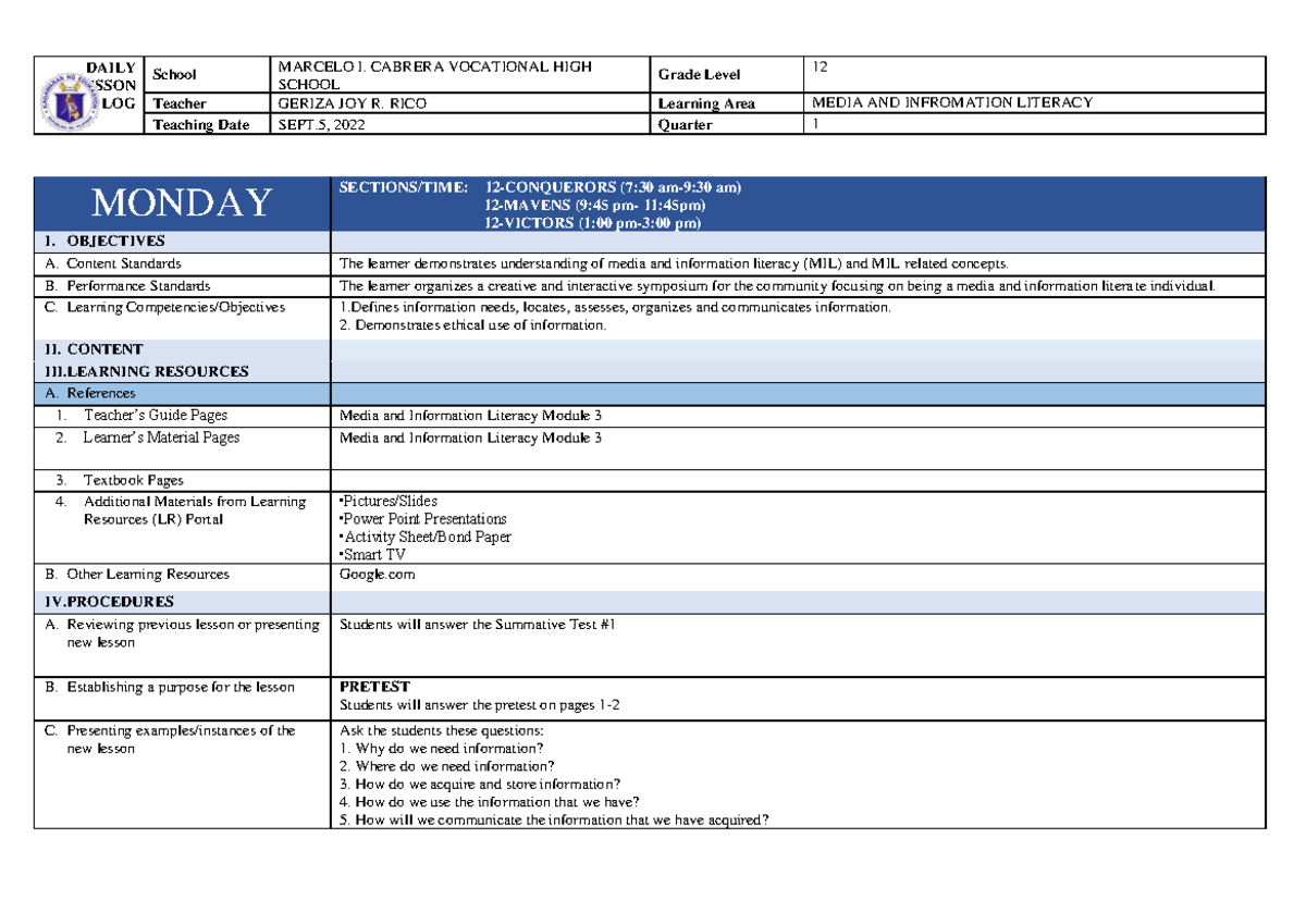 DLL-MIL-Q1M3 - Lesson Plan - DAILY LESSON LOG School MARCELO I. CABRERA ...