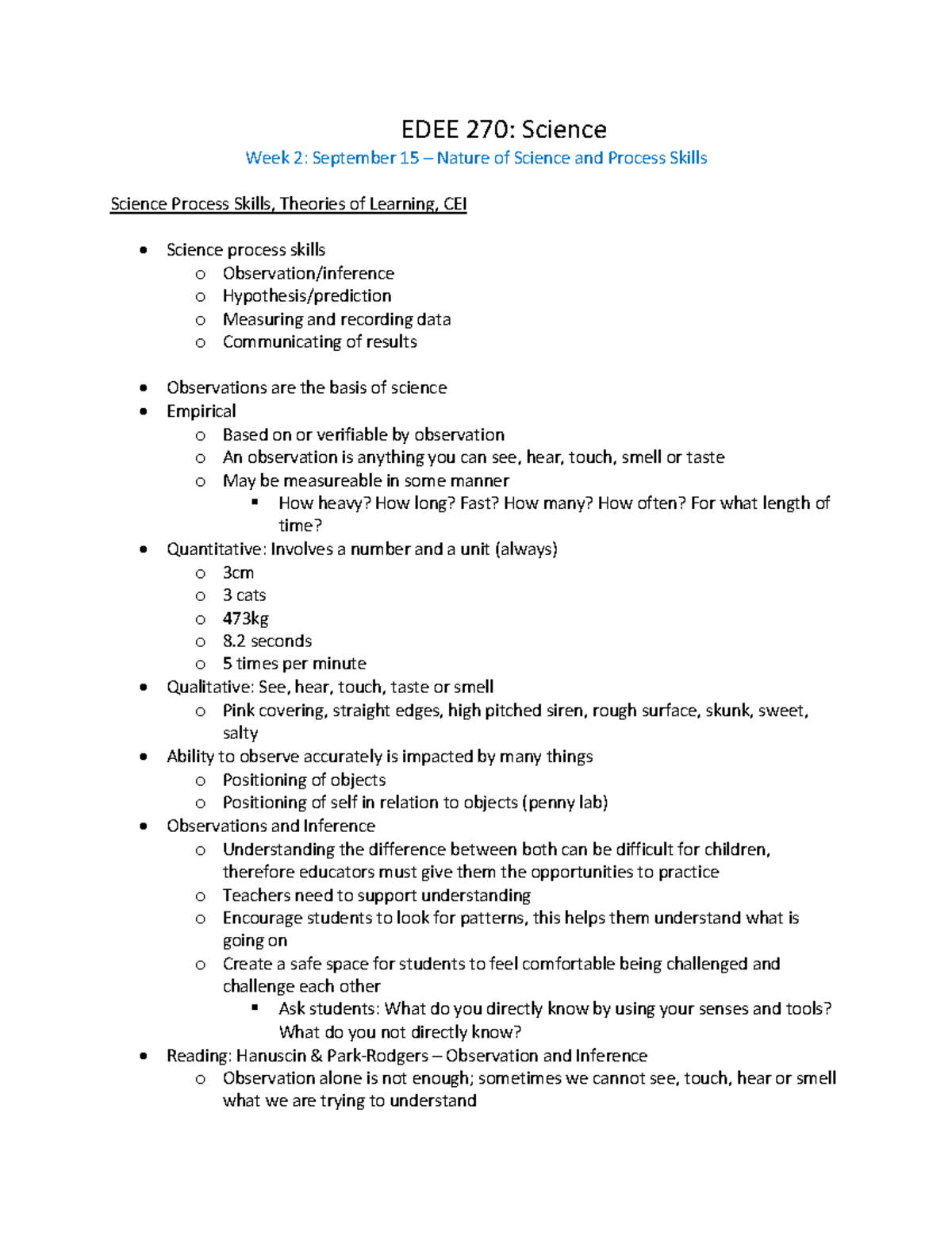 Science Notes - EDEE 270: Science Week 2: September 15 – Nature of ...