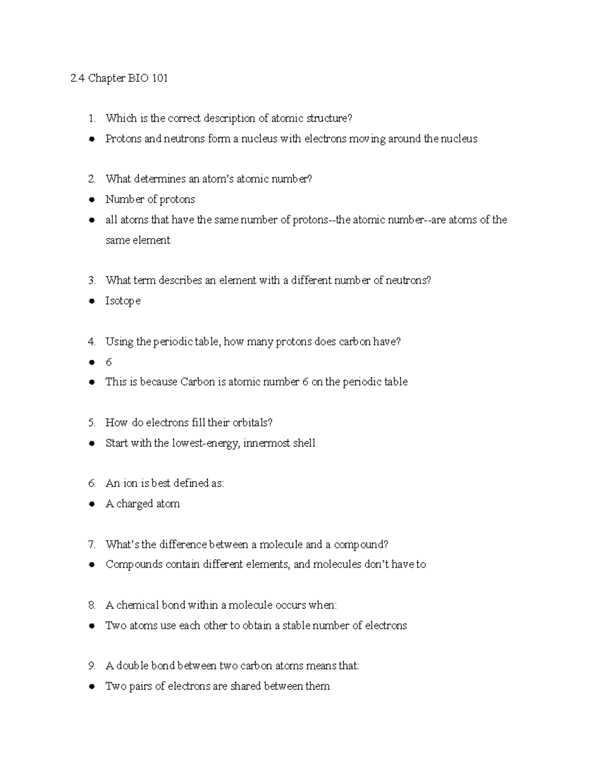 2.4 Chapter BIO 101 Review - 2 Chapter BIO 101 1. Which is the correct ...