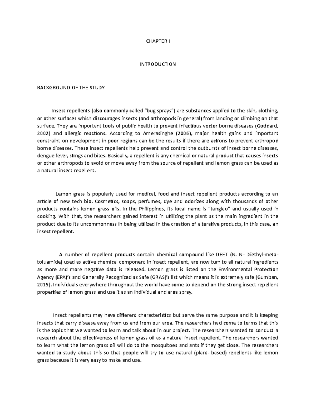 Research in Lemon Grass as mosquito repellent CHAPTER I INTRODUCTION