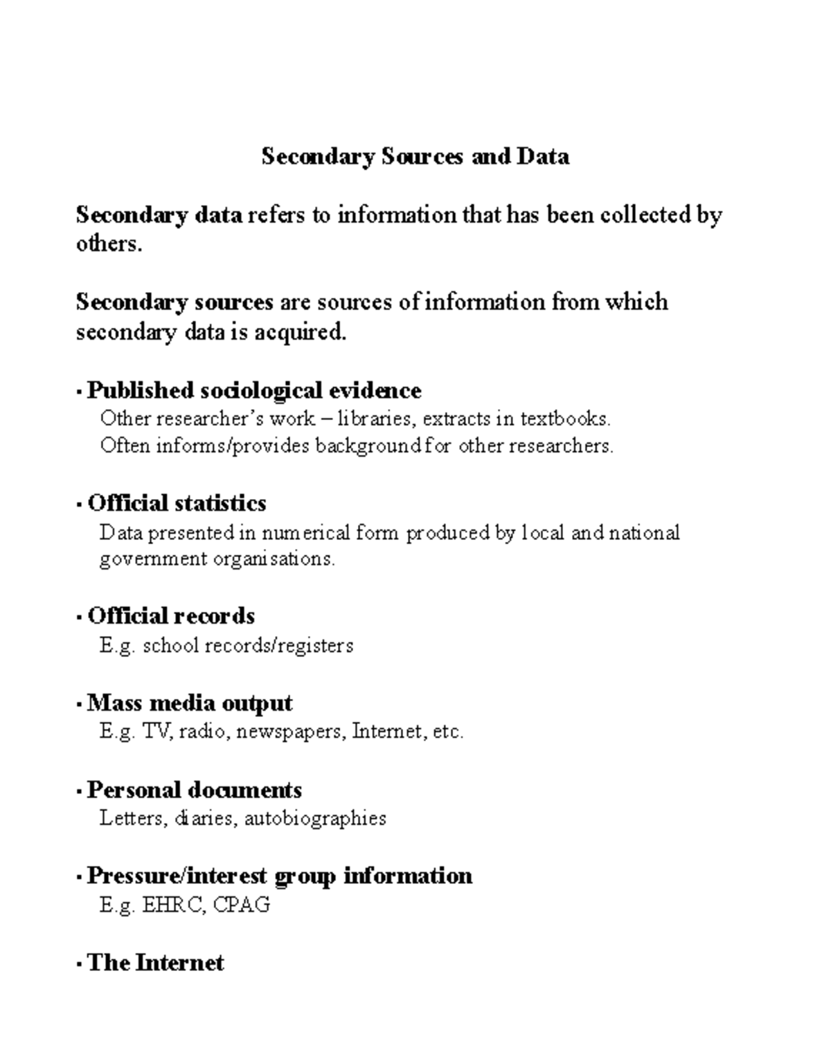 Secondary Sources of Data Secondary Sources and Data Secondary data