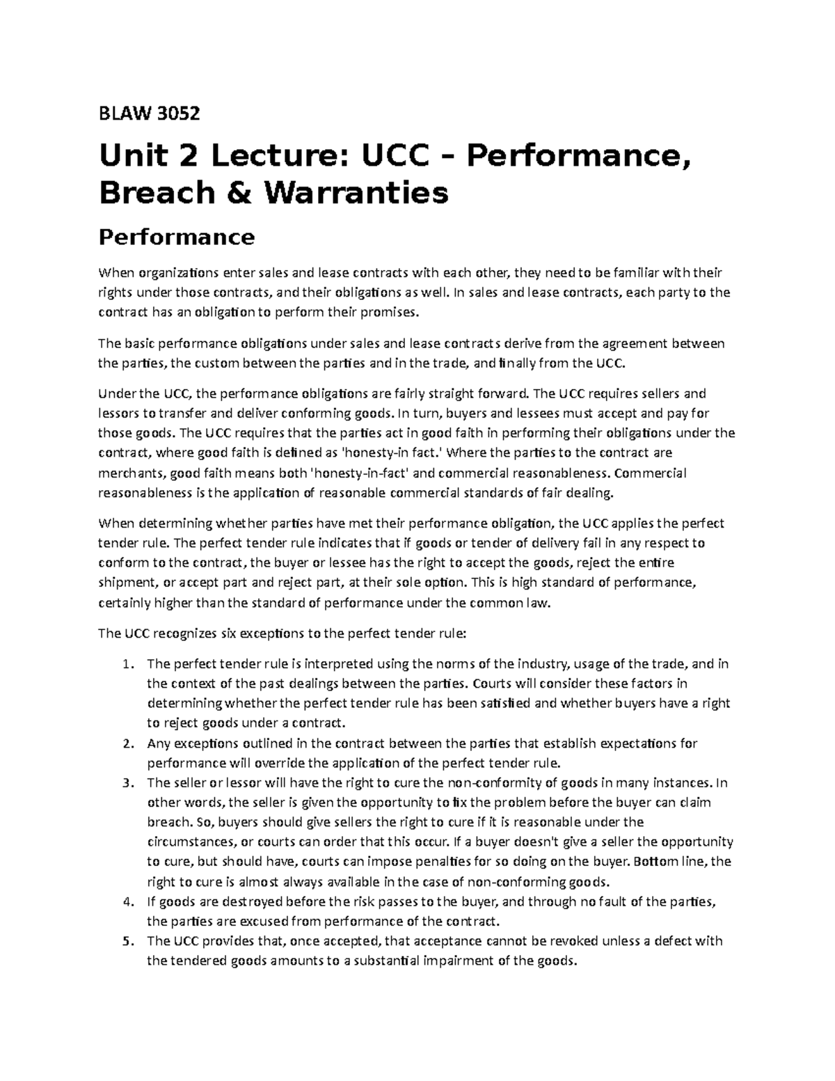 BLAW3052 U2 Notes UCC Performance, Breach, and Warranties BLAW