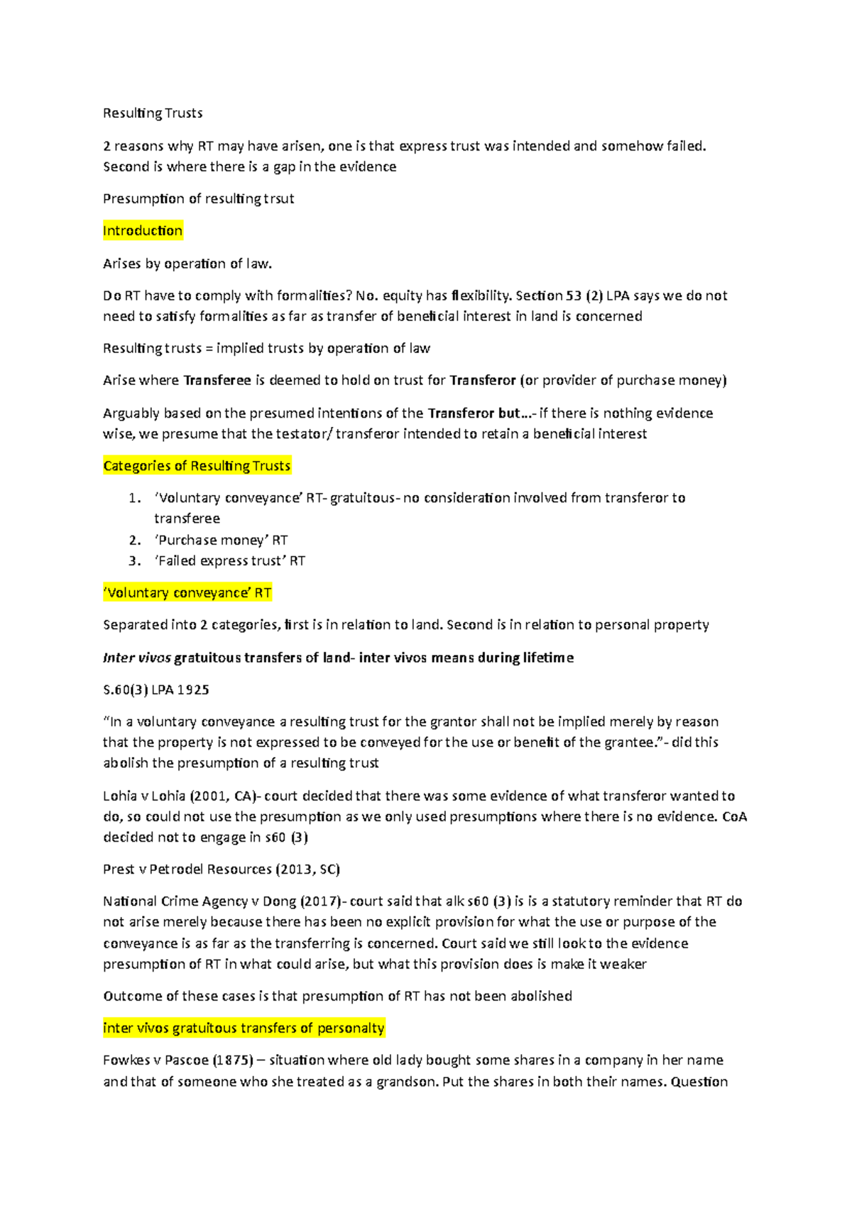 Resulting Trusts - lecture notes - Resulting Trusts 2 reasons why RT ...