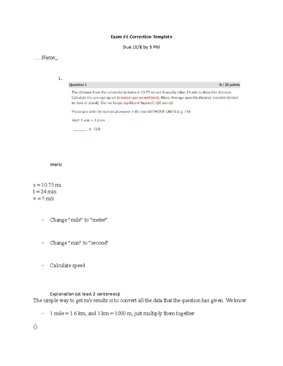 Exam 1 Test Corrections Template (1) Exam 1 Correction Template Due