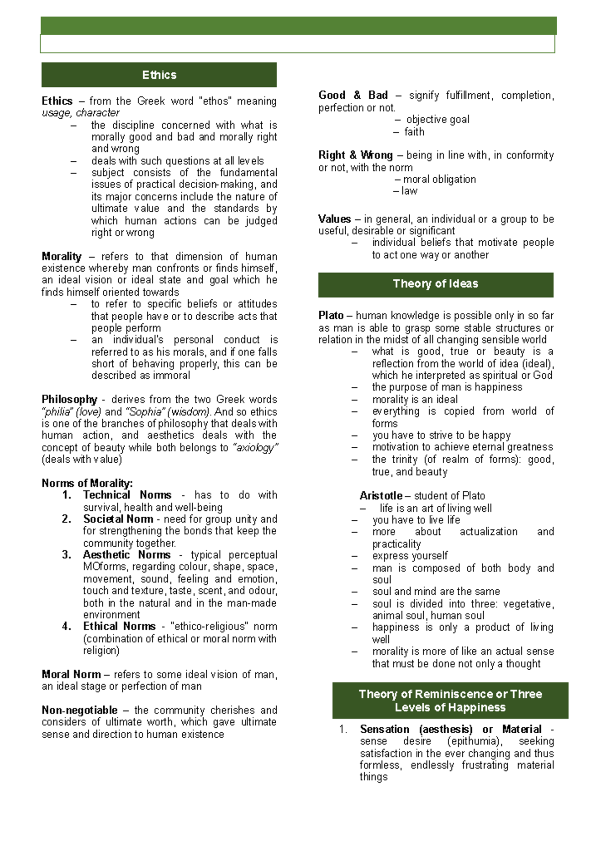 GEC Ethics - Theory of Ideas Theory of Reminiscence or Three Levels of ...