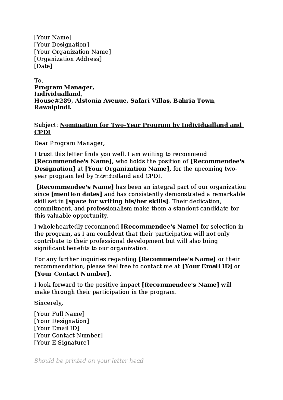 CSO Template Refference Letter - [Your Name] [Your Designation] [Your ...