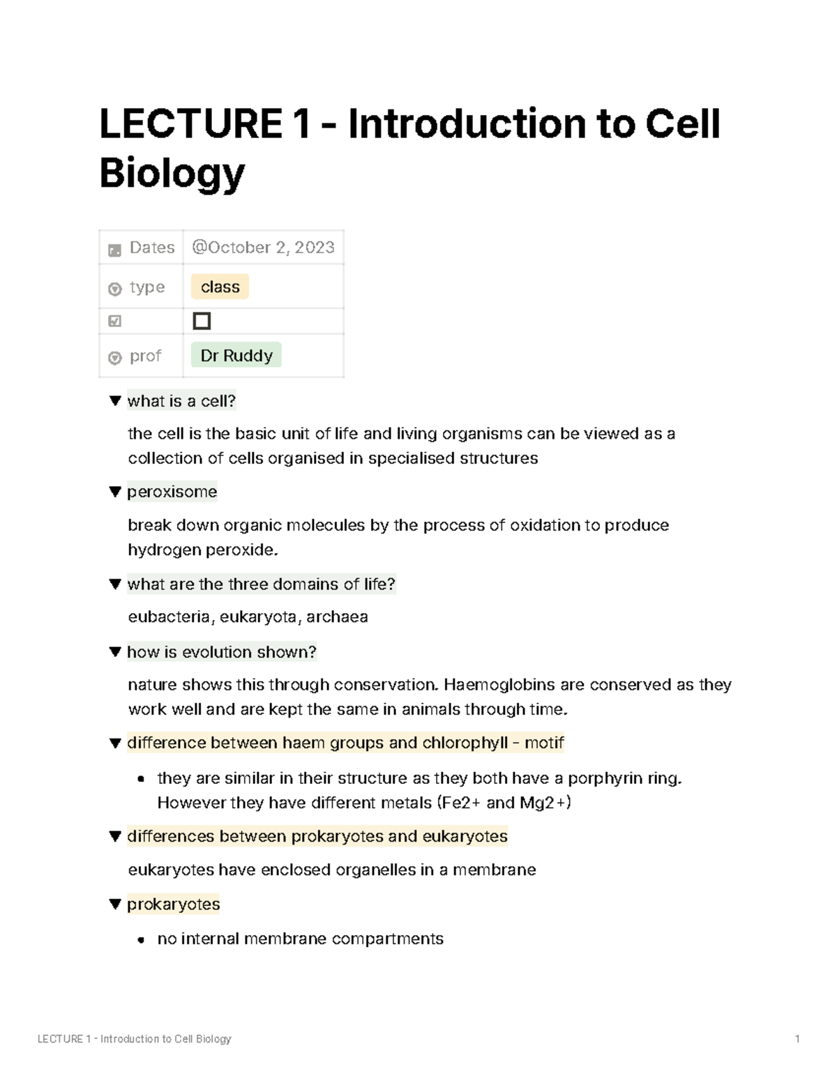 Lecture 1 - introduction to cell biology - LECTURE 1 - Introduction to ...