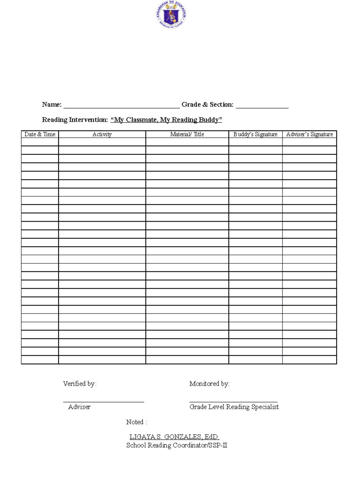 School Reading Monitoring form - Name ...